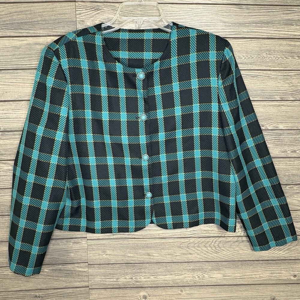 Vtg Nikki Women Teal Plaid Blazer Sz 16 Office Academia Prep 90s Button Up Retro
